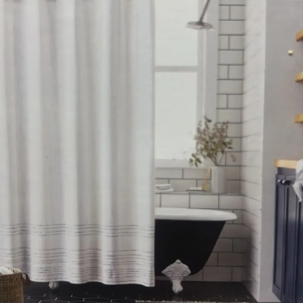 HEARTH & HAND NWT pinstripe border textured shower curtain -blue‎